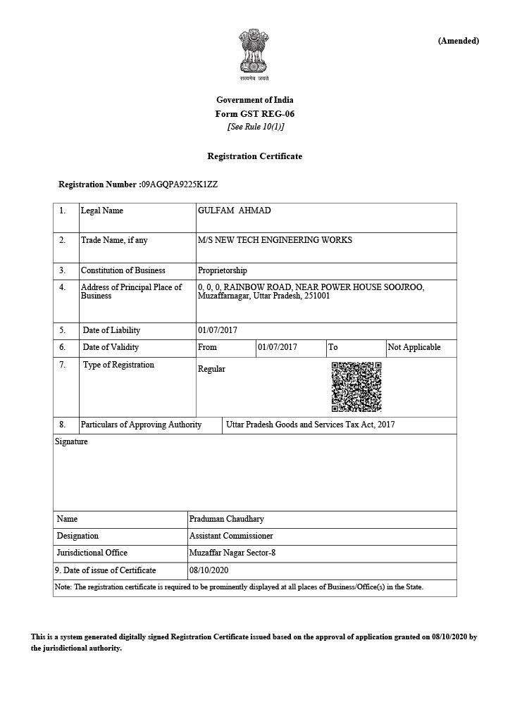 New Tech Engineering Works GST Certificate